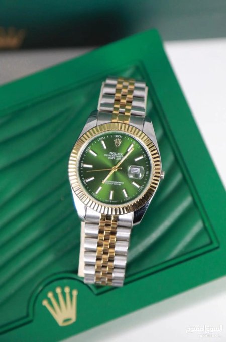 ساعة Rolex Datejust رجالي ارضية اخضر مع اسوارة بالذهبي والفضي ⌚️