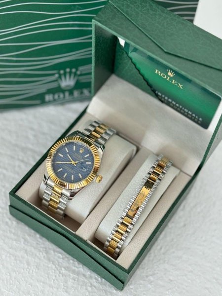 ساعة Rolex Datejust رجالي ارضية كحلي مع اسوارة بالذهبي والفضي 💙 ⌚️